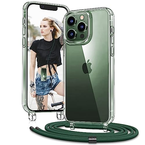 Vaykwo Handykette mit Band für Apple iPhone 13 Pro Max Hülle - Necklace Handyhülle - Transparente Case zum Umhängen mit Kameraschutz und Bildschirmschutz - DunkelGrün von Vaykwo