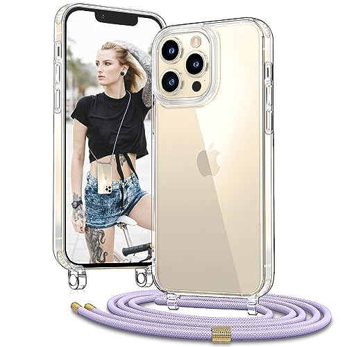 Vaykwo Handykette mit Band für Apple iPhone 13 Pro Max Hülle - Necklace Handyhülle - Transparente Case zum Umhängen mit Kameraschutz und Bildschirmschutz - Lila von Vaykwo