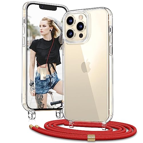 Vaykwo Handykette mit Band für Apple iPhone 13 Pro Max Hülle - Necklace Handyhülle - Transparente Case zum Umhängen mit Kameraschutz und Bildschirmschutz - Rot von Vaykwo