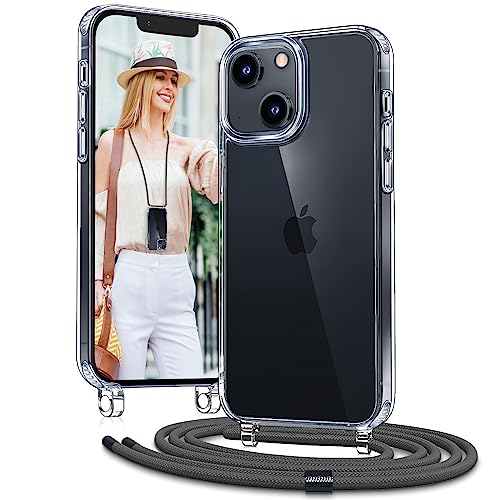 Vaykwo Handykette mit Band für Apple iPhone 14 Hülle und iPhone 13 Hülle - Necklace Handyhülle - Transparente Case zum Umhängen mit Kameraschutz und Bildschirmschutz - Grau von Vaykwo