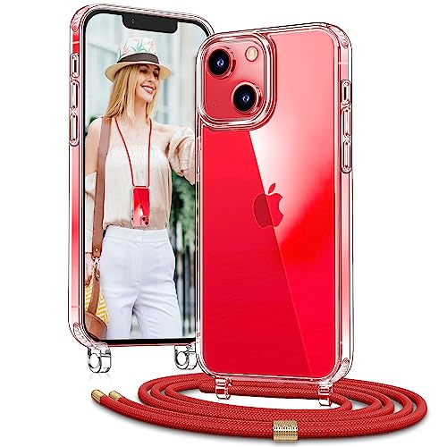 Vaykwo Handykette mit Band für Apple iPhone 14 Hülle und iPhone 13 Hülle - Necklace Handyhülle - Transparente Case zum Umhängen mit Kameraschutz und Bildschirmschutz - Rot von Vaykwo