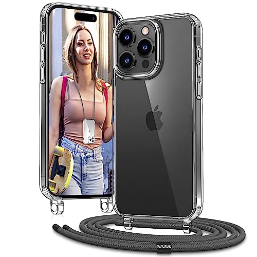 Vaykwo Handykette mit Band für Apple iPhone 14 Pro Hülle - Necklace Handyhülle - Transparente Case zum Umhängen mit Kameraschutz und Bildschirmschutz - Grau von Vaykwo