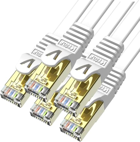 Veetop 3m x 5 Stück LAN Kabel Cat 7 Netzwerkkabel Patchkabel für 10 Gigabit Ethernet, Flexibel und Robust mit vergoldetem RJ45. Weiß von Veetop