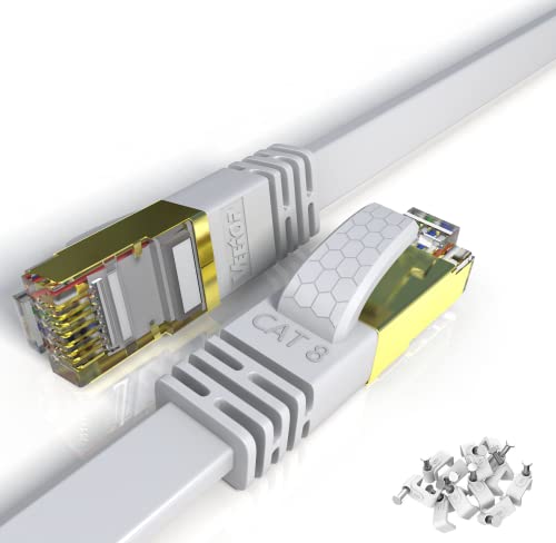 Veetop Lan Kabel 30 Meter Netzwerkkabel Cat 8 Flaches Internetkabel für 40 Gigabit Ethernet mit vergoldetem RJ45. 30m Weiß von Veetop
