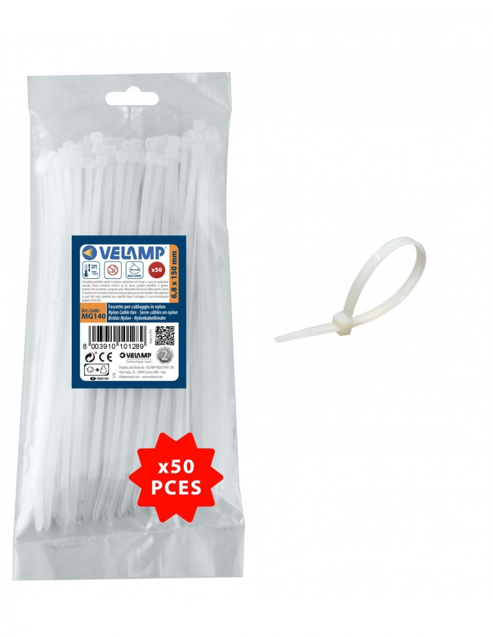 Velamp Kabelbinder Nylon. Weiss. 6,8x150 - 50 Stck von Velamp