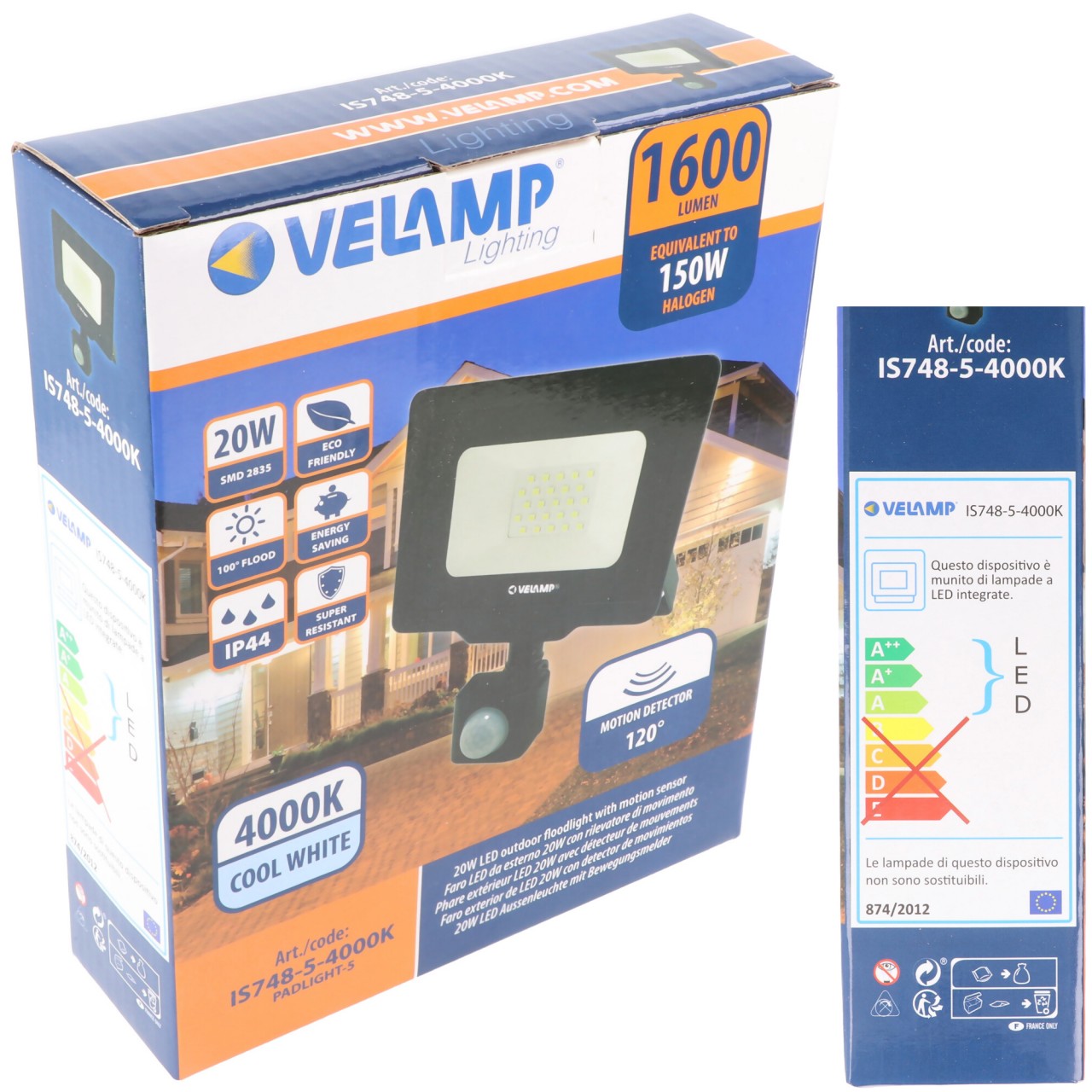 Velamp PADLIGHT5, SMD 20W IP44 LED-Strahler, schwarz, 4000K. Mit IR-Sensor. von Velamp