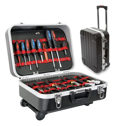 Perel Werkzeugkoffer, Trolley-Funktion, ausziehbarer Griff, Werkzeugtascheneinsätze, verstellbare Facheinteilung, Schlüsselschloss, 2 Schlüssel, Aluminium, Grau, 460 x 330 x 165 mm Perel Werkzeugkoffer, Trolley-Funktion, ausziehbarer Griff, Werkzeugtascheneinsätze, verstellbare Facheinteilung, Schlüsselschloss, 2 Schlüssel, Aluminium, Grau, 460 x 330 x 165 mm von Perel