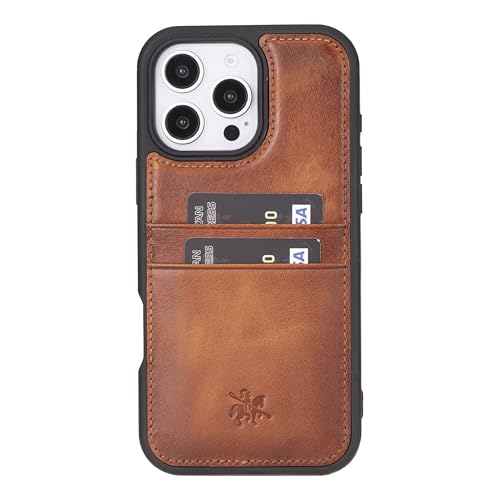 Venito Capri für iPhone 16 Pro Hülle mit Kartenhalter, handgefertigt, Vollnarben-Premium-Leder, Kamera-Abdeckung, Fall-/Aufprallschutz, RFID-Blockierung, Slim Case 6,3 Zoll Antik Braun von Venito