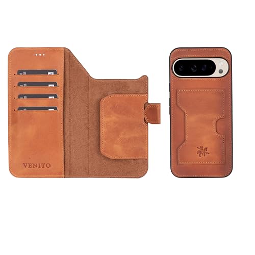 Venito Florence Luxus Leder Wallet Case für Google Pixel 9 Pro XL | Handgefertigt Full Gran Leder 360° Schutz Abnehmbare Flip Cover Fall-/Aufprallschutz 6.8 Zoll Antik Braun von Venito