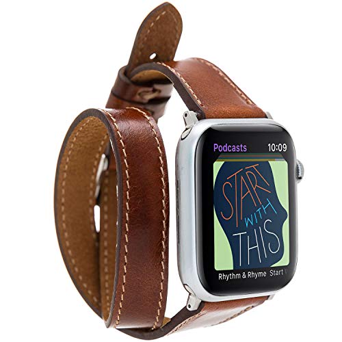 VENTA® Slim Leder Armband Twist für Apple Watch 1/2 / 3/4 / 5 Wechsel-Armband kompatibel mit Apple Watch Ersatz-Armband Echtleder (38-40mm/ Braun/DT-VA16-RST2EF) + Adapter Set Silber von Venta Leather