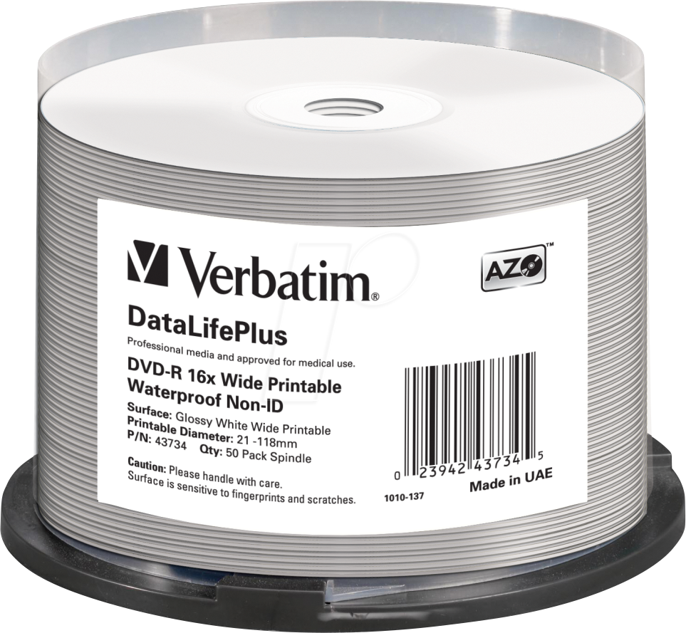 VERBATIM 43734 - DVD-R 4,7 GB, wasserabweisend, bedruckbar, 50er Spindel von Verbatim