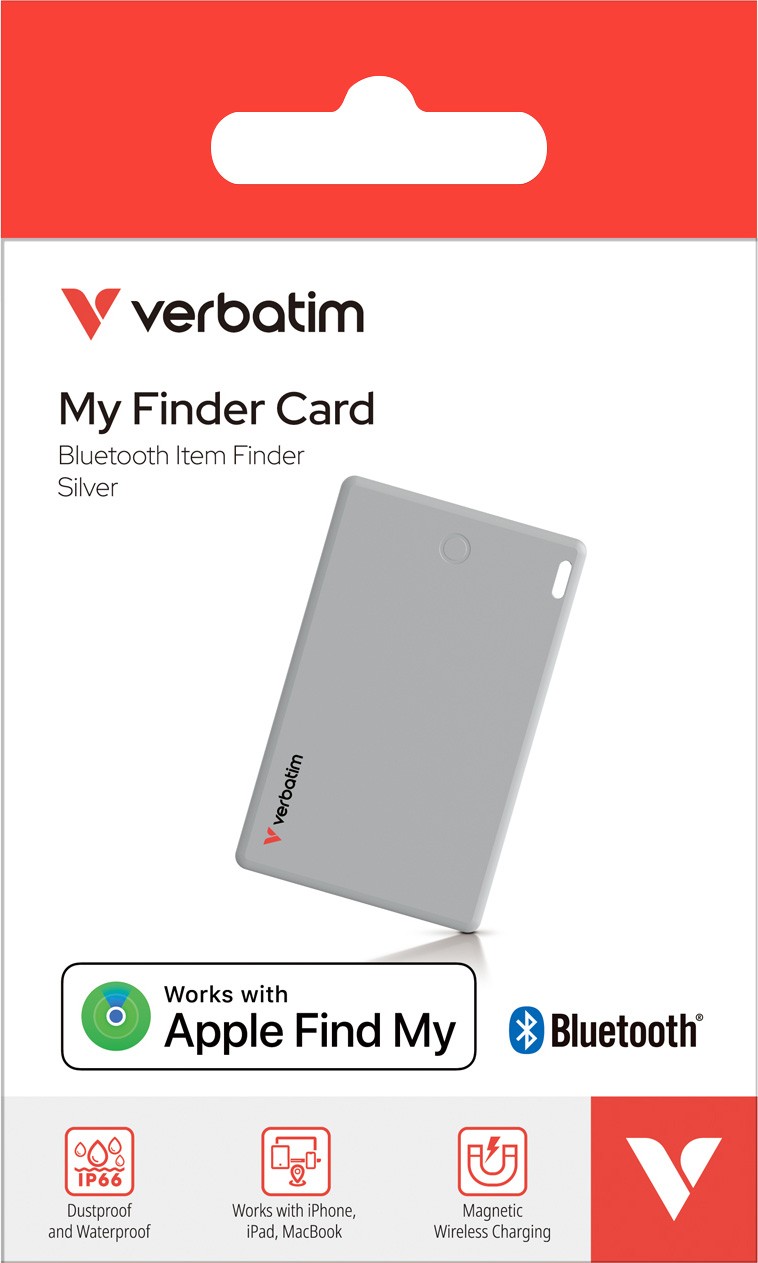 Verbatim Bluetooth-Tracker Li-Ion Polymer Akku 110mAh My FinderTracker My Finder Card MYFCR-01S für Apple iOS Find My App Retail (1er-Pack) silber von Verbatim