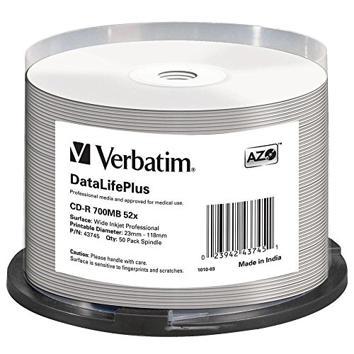 Verbatim CD-R AZO Wide Inkjet Printable 700 MB, 50er Pack Spindel, CD Rohlinge, 52-fache Brenngeschwindigkeit mit langer Lebensdauer, leere CDs bedruckbar, Audio CD Rohling von Verbatim