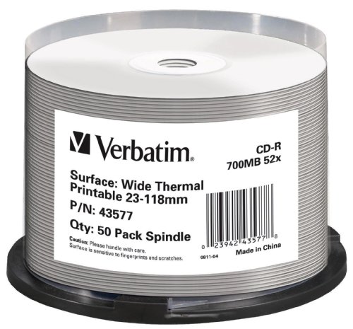 Verbatim CD-R Rohlinge, 52x, 700MB, Super AZO, Thermal-bedruckbare Oberfläche von Verbatim