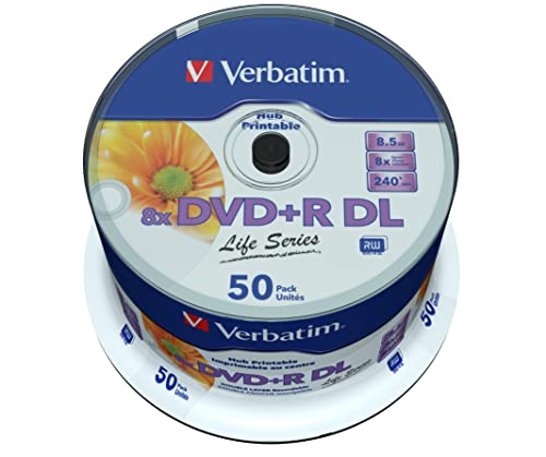 Verbatim DVD+R Double Layer Inkjet Printable Life Series 8.5GB, 50er Spindel, DVD Rohlinge bedruckbar, 8-fache Brenngeschwindigkeit & Hardcoat Scratch Guard, DVD-R printable, DVD leer von Verbatim