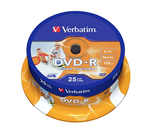 Verbatim DVD-R Wide Inkjet Printable 4.7GB, 25er Pack Spindel, DVD Rohlinge bedruckbar, 16-fache Brenngeschwindigkeit & Hardcoat Scratch Guard, DVD-R Rohlinge printable, DVD leer von Verbatim