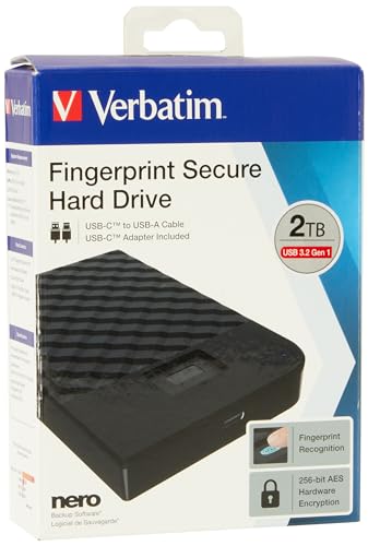 Verbatim Fingerprint Secure, 2 TB, Schwarz, Externe Festplatte mit Fingerabdruckscanner, USB 3.1 GEN 1, Festplatte extern, für Windows & Mac OSX, tragbare Festplatte, USB Festplatte von Verbatim