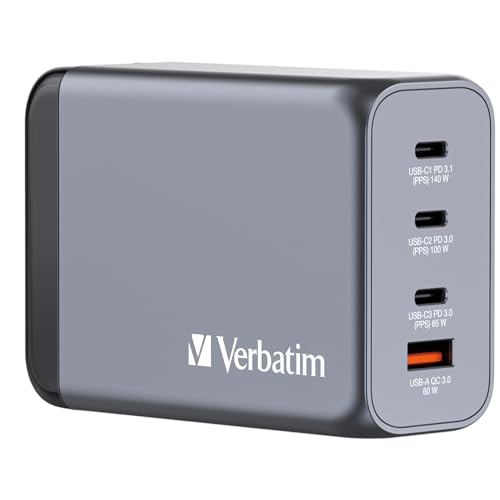 Verbatim GaN Charger 240 W, 4 Ports USB-C Ladegerät, Power Adapter mit 3 x USB-C und 1 x USB-A, Schnellladegerät als Mehrfachstecker, für Apple MacBook, Notebook, iPad, iPhone, Samsung und Co von Verbatim