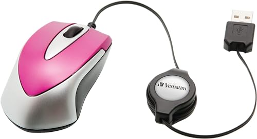 Verbatim Go-Mini optische Travel-Maus, kleine Computermaus mit einziehbarem Kabel, USB-A, USB-Maus mini mit 1000 dpi, für Laptop, Notebook, PC und MAC, kompaktes Design, Hot Pink von Verbatim