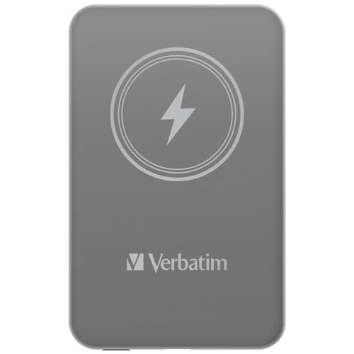 Verbatim Magnetic Power Bank 5000 mAh, Wireless Charger 15 W, 20 W PD per USB-C, Powerbank klein und magnetisch für iPhone 15, 14, 13, 12, Pro, Max, iPad, grau von Verbatim