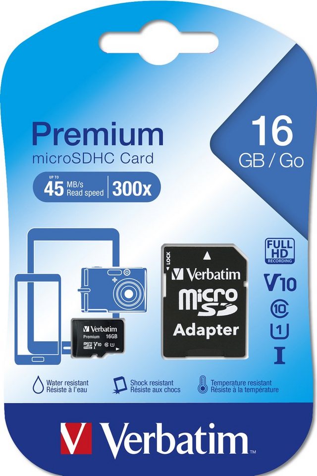 Verbatim Micro SDHC Karte 16GB Speicherkarte Premium UHS-I Class 10 Speicherkarte von Verbatim