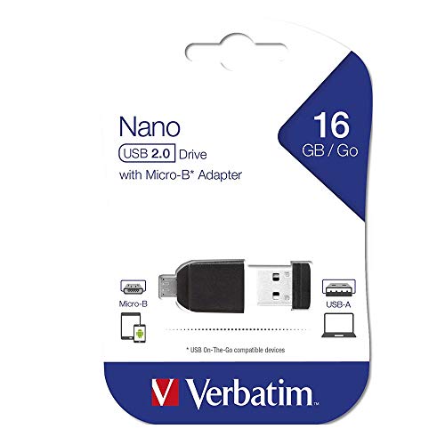 Verbatim Nano USB-Stick, 16 GB, USB-2.0-Stick mit Micro-B-Adapter, Speicherstick für Notebook, PC, MacBook, Tablets & Smartphones mit On-The-Go-Feature, mobiler Datenstick, schwarz von Verbatim