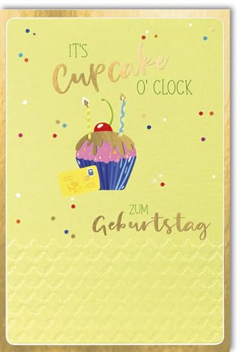 Verlag Dominique Geburtstagskarte mit Cupcake Motiv und Kerzen bunte Konfetti Schriftzug It's Cupcake O'Clock zum Geburtstag gelber Hintergrund mit Umschlag von Verlag Dominique