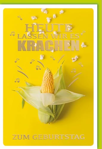 Verlag Dominique Glückwunschkarte zum Geburtstag - Maiskolben mit Popcorn und Musiknoten - Folienprägung in Gold - mit Umschlag von Verlag Dominique