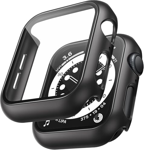 VeveXiao Hartschalen-Schutzhülle, kompatibel mit Apple Watch Serie 10, 46 mm (2024), mit 9H-Hartglas-Displayschutzfolie, Stoßstangen-Schutzhülle für iWatch Serie X 46 mm (Schwarz, 46 mm), 2 Stück von VeveXiao