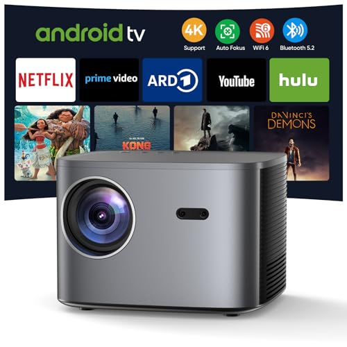 Beamer 4K【Netflix & Autofokus】 Auto 6D Trapezkorrektur WiFi6 Bluetooth, 25000 Lumen 1080P Full HD Beamer Heinkino mit 50% Zoom, Smart Beamer mit Android TV, LED Handy Projektor von ZOOMCAT