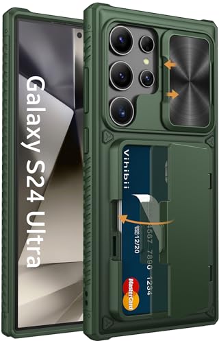 Vihibii für Samsung Galaxy S24 Ultra Handyhülle mit Kartenhalter & Kameraschutz & Kickstand, TPU Militärschutz Stoßfeste Schutzhülle rutschfest Wallet Case für Samsung Galaxy S24 Ultra, Dunkelgrün von Vihibii