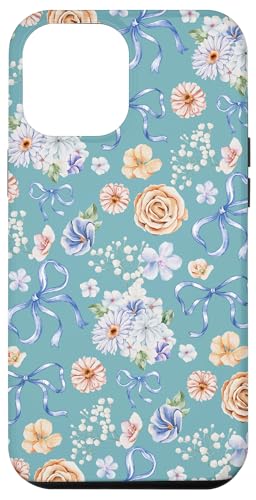 Hülle für iPhone 13 Pro Max Zierliche Blumen- und Kokettenschleifen auf Türkisblaugrün von Vintage Blumenmuster mit Schleifen