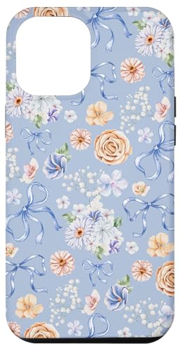 Hülle für iPhone 14 Plus Zierliche Blumen- und Kokettenschleifen auf Immergrünblau von Vintage Blumenmuster mit Schleifen