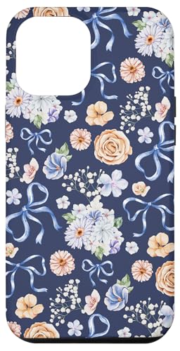 Hülle für iPhone 14 Plus Zierliche Blumen- und Kokettenschleifen auf Marineblau von Vintage Blumenmuster mit Schleifen