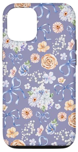 Hülle für iPhone 14 Pro Zierliche Blumen- und Kokettenschleifen auf Lavendelviolett von Vintage Blumenmuster mit Schleifen