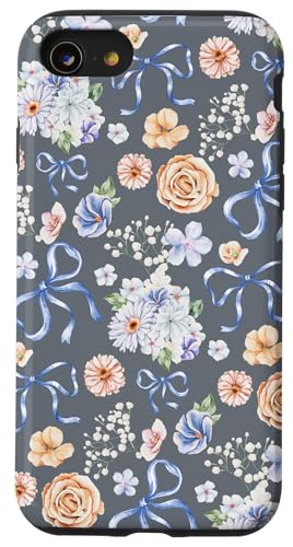 Hülle für iPhone SE (2020) / 7 / 8 Zierliche Blumen- und Kokettenschleifen auf Schiefergrau von Vintage Blumenmuster mit Schleifen