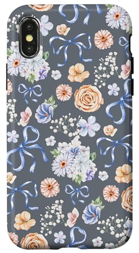 Hülle für iPhone X/XS Zierliche Blumen- und Kokettenschleifen auf Schiefergrau von Vintage Blumenmuster mit Schleifen