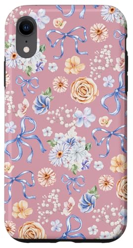 Hülle für iPhone XR Zierliche Blumen- und Kokettenschleifen auf Pastellrosa von Vintage Blumenmuster mit Schleifen