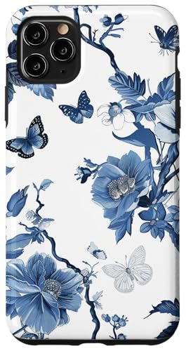 Hülle für iPhone 11 Pro Max Vintage Schmetterling Blumenmuster Toile Muster Hellblau von Vintage Butterfly Flower Pattern Designs