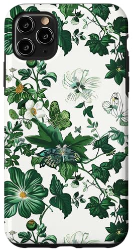 Hülle für iPhone 11 Pro Max Vintage Schmetterling Blumenmuster Toile Muster Hellgrün von Vintage Butterfly Flower Pattern Designs