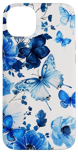 Hülle für iPhone 14 Plus Vintage Schmetterling Blumenmuster Toile Muster Hellblau von Vintage Butterfly Flower Pattern Designs