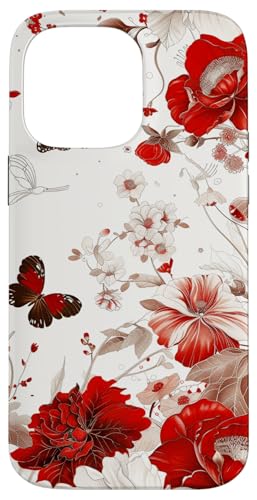 Hülle für iPhone 14 Pro Max Rotes Schmetterlings-Toile-Muster im Vintage-Stil von Vintage Butterfly Flower Pattern Designs