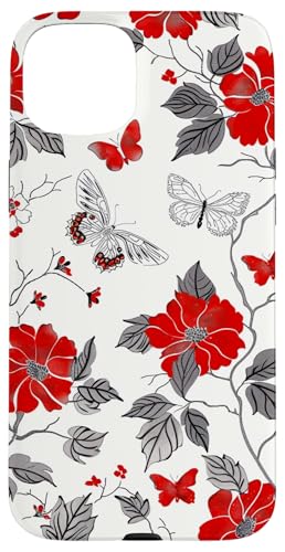 Hülle für iPhone 15 Plus Rotes Schmetterlings-Toile-Muster im Vintage-Stil von Vintage Butterfly Flower Pattern Designs