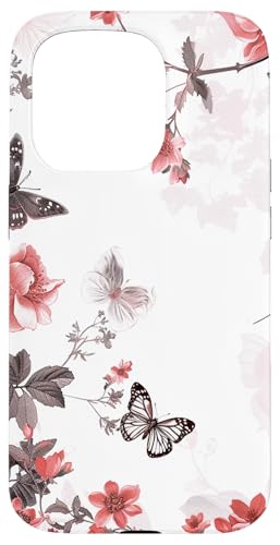 Hülle für iPhone 15 Pro Vintage Schmetterling Blumenmuster Toile Muster Hellrosa von Vintage Butterfly Flower Pattern Designs