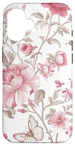 Hülle für iPhone 16 Vintage Schmetterling Blumenmuster Toile Muster Hellrosa von Vintage Butterfly Flower Pattern Designs