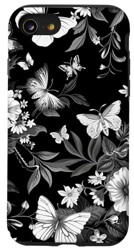 Hülle für iPhone SE (2020) / 7 / 8 Vintage Butterfly Floral Toile Muster Schwarz von Vintage Butterfly Flower Pattern Designs