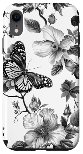 Hülle für iPhone XR Vintage Butterfly Floral Toile Muster Schwarz von Vintage Butterfly Flower Pattern Designs