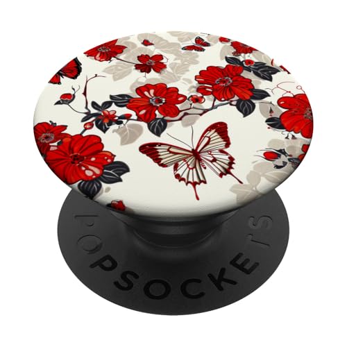 Rotes Schmetterlings-Toile-Muster im Vintage-Stil PopSockets Klebender PopGrip von Vintage Butterfly Flower Pattern Designs