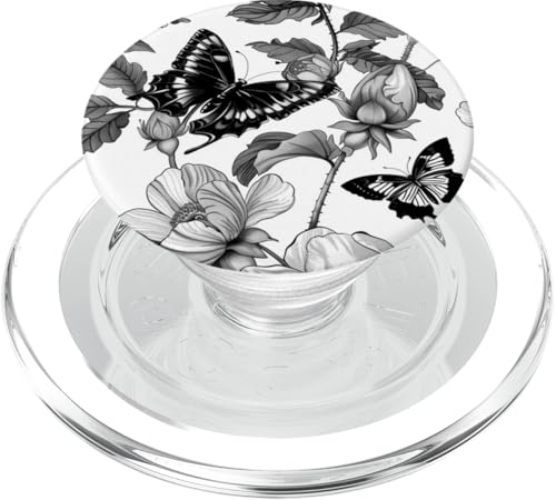 Vintage Butterfly Floral Toile Muster Schwarz PopSockets PopGrip für MagSafe von Vintage Butterfly Flower Pattern Designs