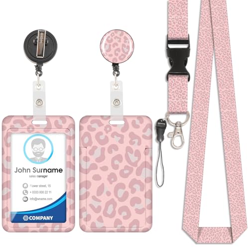 Leopard Pink Lanyard Kartenhalter, ID-Ausweis, Lanyard Kartenhalter, abnehmbare Schnur mit einziehbarem Clip für Schlüsselbund, Visitenkarte, Türkarte, ID-Karte von Viojrlly